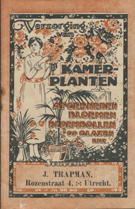 716384 Voorzijde van het omslag van de kleine brochure ‘Verzorging van Kamerplanten’, uitgegeven door J. Trapman, ...